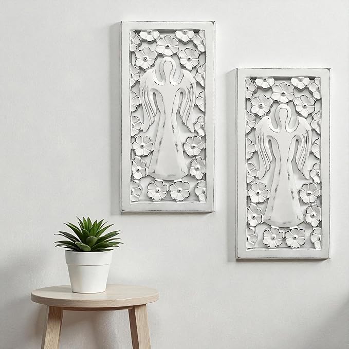 Wood Wall Art - Wall Panels in Handcrafted Carved Wood For Livingroom Bedroom,Dining room,Elegant Decorative Wall Art for Home & Office 8x16" Set of 2 White Antique_Angels Designs