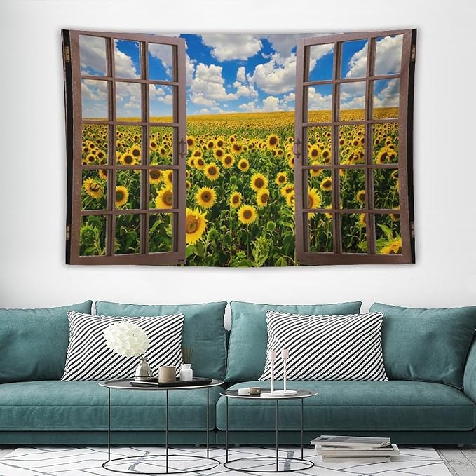 ZhiRain Sunflowers Scenery Tapestry Wall Hanging Fields Blue Sky White Clouds Landscape Tapestries Home Decor for Living Room Bedroom Farmhouse Apartment Dorm 40"x60"
