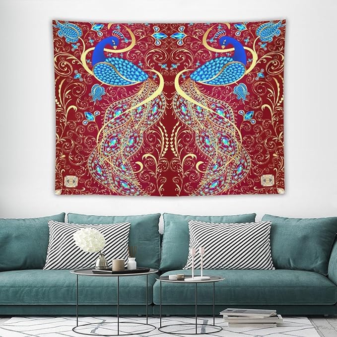 ZhiRain Peacock Ornament Tapestry Wall Hanging Golden Red Background Elegant Bohemian Style Tapestries Home Decor for Living Room Bedroom Farmhouse Apartment Dorm 60"x80"