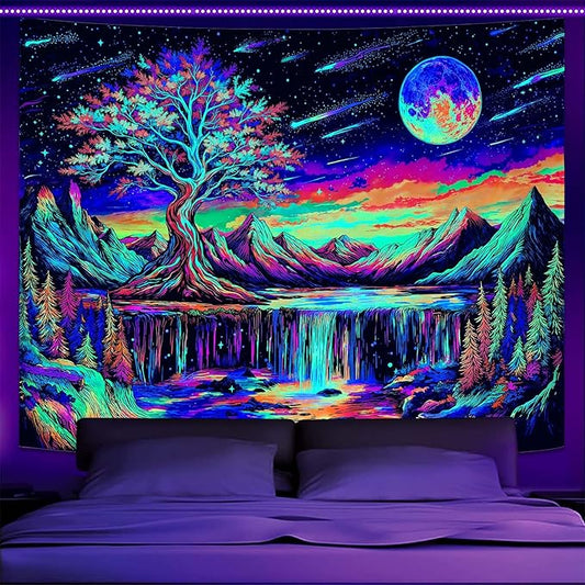 Zussun Blacklight Tree of Life Tapestry UV Reactive Moon Mountain Forest Waterfull Tapestry for Bedroom Aesthetic Nature Small Tapestries Wall Hanging for Dorm Living Room Decor 48 x 36 Inch