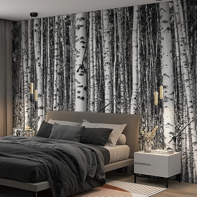 Zeeko Large Birch Forest Wall Mural Peel and Stick Mural for Wall 148"x 98" Black and White Wallpaper Birch Trees Forest 3D Murals Home Decor for Bedroom Livingroom