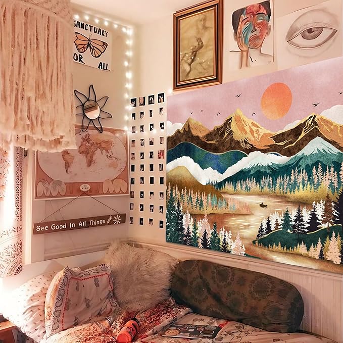 Zussun Mountain Tapestry Nature Forest Tree Tapestries for Bedroom Aesthetic Sunset Tapastry's Wall Hanging Orange and Green Landscape Wall Tapestry for Living Room Dorm (Orange, 60'' × 44'')