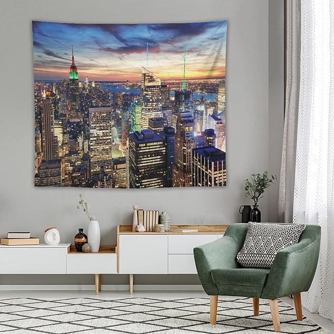 ZhiRain New York Tapestry Wall Hanging NYC Urban Skyscrapers Skyline Sunset Streets USA Architecture Tapestries Home Decor for Living Room Bedroom Apartment Farmhouse Dorm 50"x60"