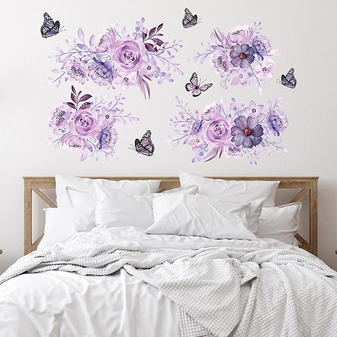 Zonon 6 Pcs Flowers Wall Decals Stickers Vinyl Removable Peel and Stick Colorful Dragonflies Floral Wall Murals Decor for Bedroom Living Room Nursery(Flower and Butterfly)