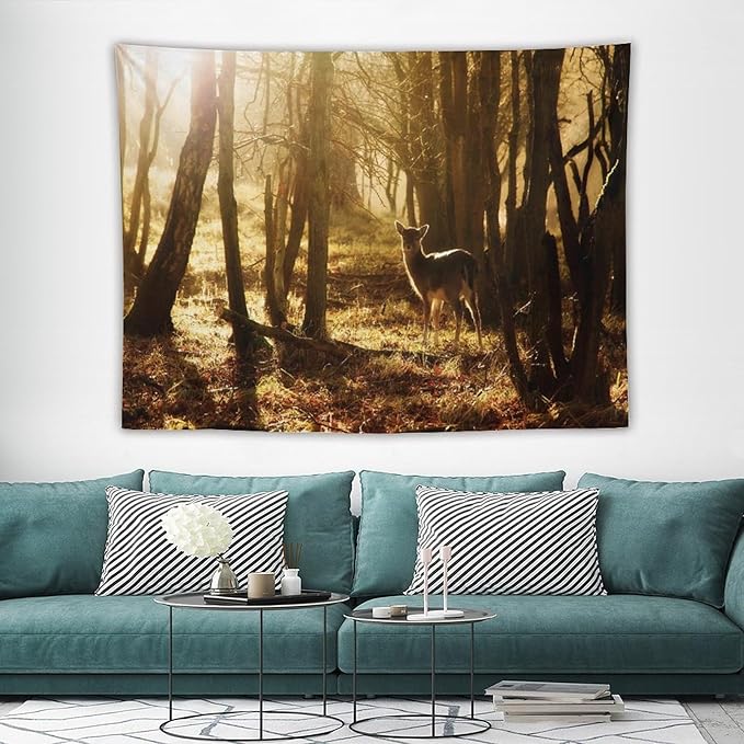 ZhiRain Forest Tapestry Wall Hanging Natural Forest And Deer at Sunset Pattern Tapestries Home Decor for Living Room Bedroom Apartment Farmhouse Dorm 60"x80"