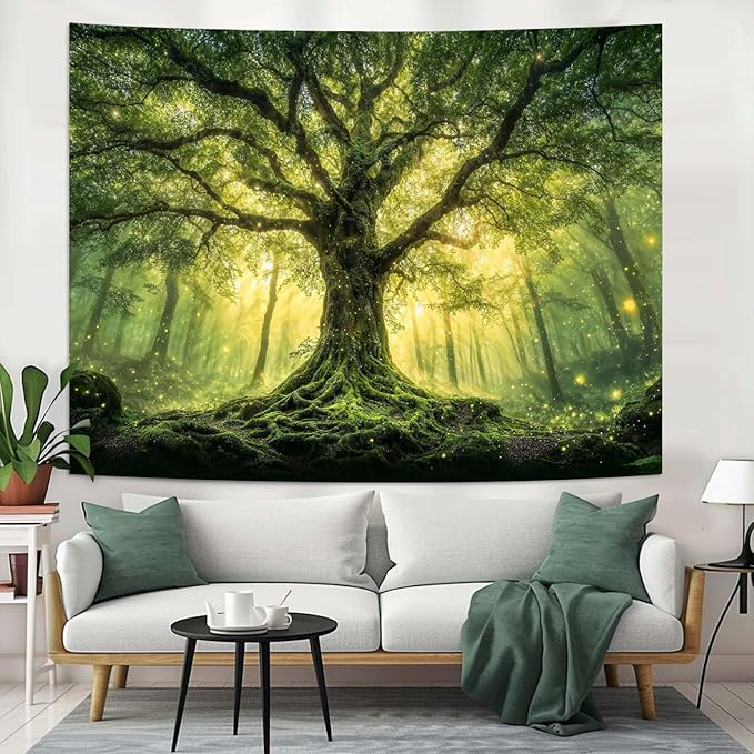 Zussun Green Tree of Life Tapestry Fantasy Fairy Forest Wall Tapestry for Bedroom Aesthetic Nature Misty Woodland Small Tapestries Wall Hanging for Dorm Living Room Decor 48 x 36 Inch