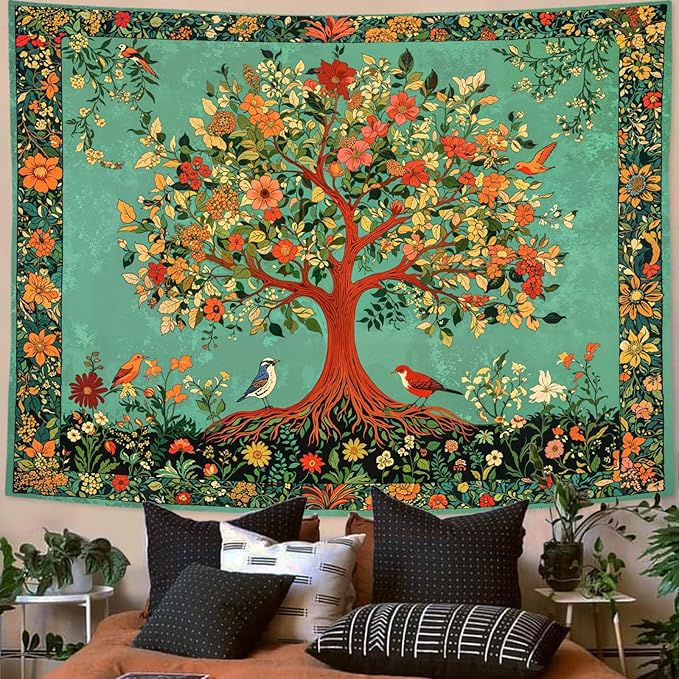 Zussun Boho Tree of Life Tapestry Vintage Nature Green Pink Plant Floral Flowers Leaves Birds Tapestries for Bedroom Aesthetic Retro Indian Tapestry Wall Hanging for Dorm Living Room 80 x 60 Inch