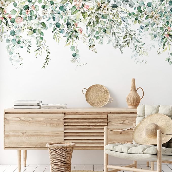 Zonon Flowers Wall Decals Stickers Vinyl Removable Peel and Stick Colorful Dragonflies Floral Wall Murals Decor for Bedroom Living Room Nursery(Greenery)