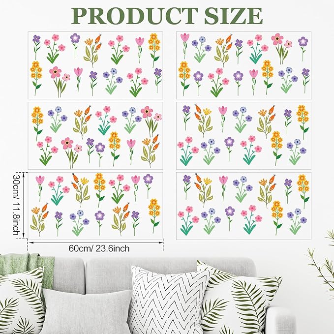 Zonon 6 Pcs Flowers Wall Decals Stickers Vinyl Removable Peel and Stick Colorful Dragonflies Floral Wall Murals Decor for Bedroom Living Room Nursery(Small Flower)
