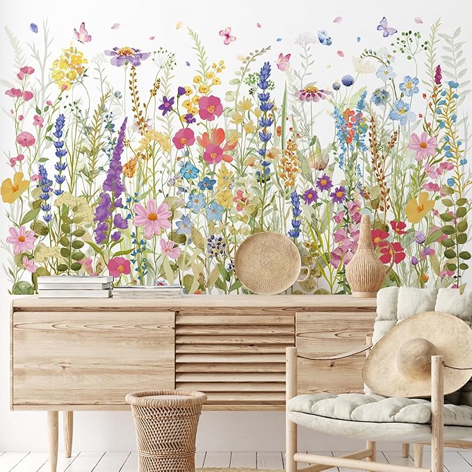 Zonon 6 Pcs Flowers Wall Decals Stickers Vinyl Removable Peel and Stick Colorful Dragonflies Floral Wall Murals Decor for Bedroom Living Room Nursery (Wildflowers)