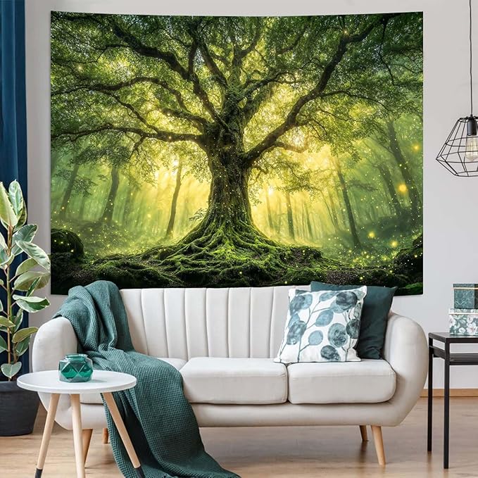 Zussun Green Tree of Life Tapestry Fantasy Fairy Forest Wall Tapestry for Bedroom Aesthetic Nature Misty Woodland Small Tapestries Wall Hanging for Dorm Living Room Decor 48 x 36 Inch