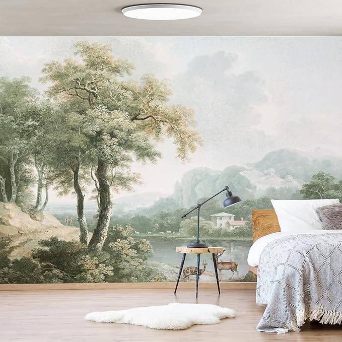 Zeeko Vintage Forest Wall Mural Peel and Stick 148"x98" Canvas Waterproof Self-Adhesive Removable Wallpaper for Bedroom Living Room Green Countryside Landscape Wall Art Decor