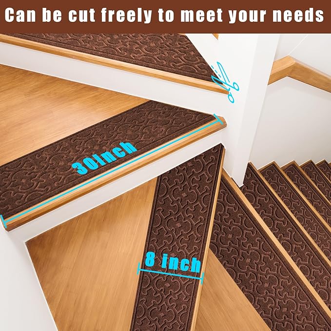 15Pcs Stair Treads for Wooden Steps Indoor with Self Adhesive, 8"x30" Non Slip Stair Runners-Peel & Stick Indoor Stair Carpet Runner, Resistant Indoor Runner for Kids、Elders and Pets, Brown