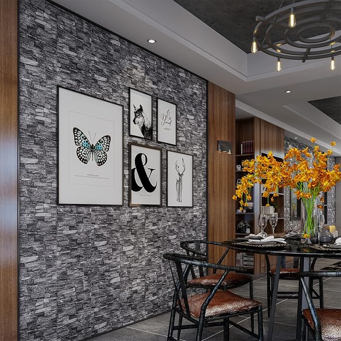 10PCS 3D Wall Panels Peel and Stick 3D Brick Wallpaper Peel and Stick Faux Stone Wall Panel Foam Brick Self-Adhesive Wallpaper (Black,10pcs)