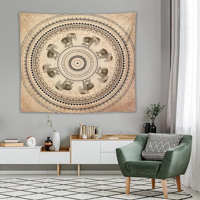 AAVEUP Indian Hippie Bohemian Psychedelic Tapestry Bohemian Brown Abstract Geometric Mandala Flower Vintage Elephant Texture Tapestries for Bedroom Dorm Living Room Decor 50x60in