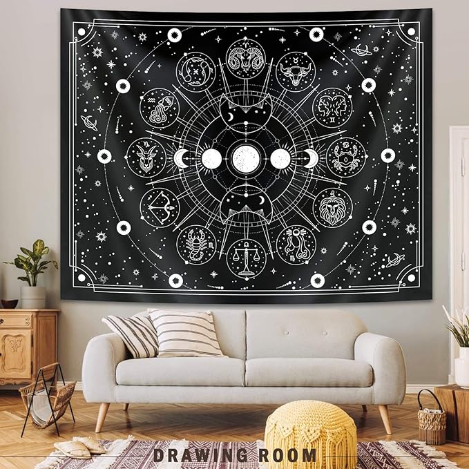 Zodiac Astrology Witchy Wall Tapestry, Black White Constellation for Wall Hanging Decor, Stars Space Psychedelic Bedroom Aesthetics, Living Room, Home, Dorm (59 x 78 inches)