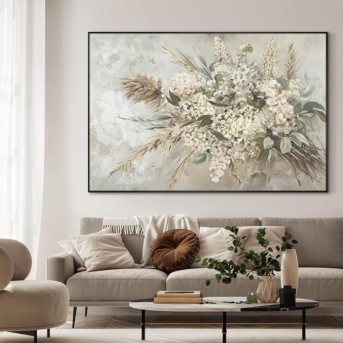 46"x72" XL Framed Wall Art - Elegant Whimsical White Flower Bouquet (Frame Assembly Required)