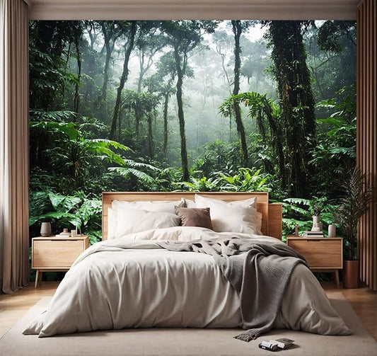 YIHWM -Tropical Rainforest Forest Backdrop Large Fabric Living Room Wallpaper Green Jungle Bedroom Bathroom Wall Mural- 137"x96"（ not Peel and Stick）