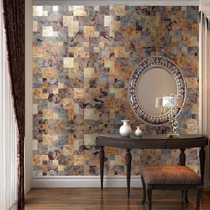 YMMXGE 10-Sheet Peel and Stick Backsplash Stone Tiles, Brushed Aluminum PVC Surface Metal Mosaic Sticker for Kitchen Wall (11.81"x11.81"Per Sheet) (10, Golden & Brown)