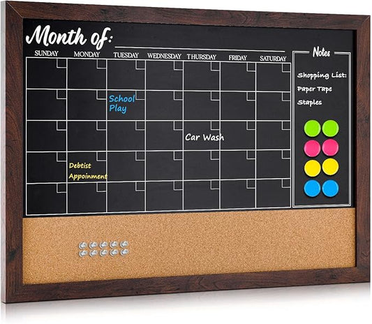 4 THOUGHT Chalkboard Calendar Corkboard Combo, 24" x 36" Large Bulletin Board Magnetic Calendar Chalkboard for Wall Combination Board Monthly Planner Rustic Brown Frame 4 Markers 8 Magnets 10 Pushpins