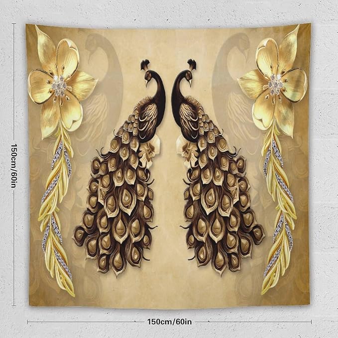 ZhiRain Gold Peacock Tapestry Wall Hanging Vintage Bird Rustic Animal Elegant Flower Luxury Tapestries Home Decor for Living Room Bedroom Farmhouse Apartment Dorm 60"x60"