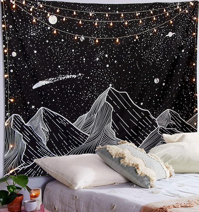 Zussun Black and White Tapestry Starry Night Mountain Tapestries for Bedroom Aesthetic Moon and Stars Tapastry's Wall Hanging Dark Nature Forest Wall Tapestry for Living Room Dorm (Dark, 80'' × 60'')