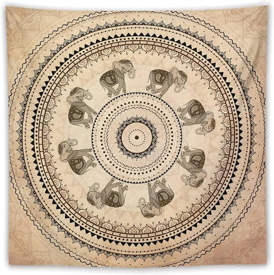 AAVEUP Indian Hippie Bohemian Psychedelic Tapestry Bohemian Brown Abstract Geometric Mandala Flower Vintage Elephant Texture Tapestries for Bedroom Dorm Living Room Decor 60x60in