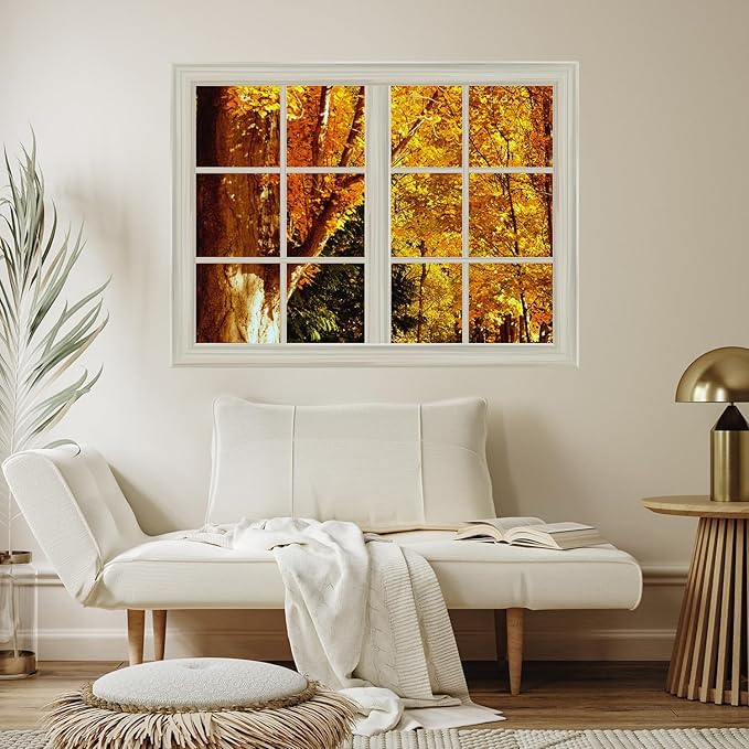 Yellow Tree Leaves in Autumn Window View Mural Wall Sticker - 24"x32"