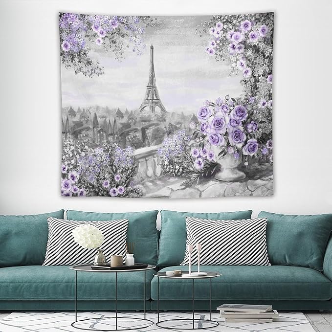 ZhiRain Vintage Paris Tapestry Wall Hanging Eiffel Tower Purple Rose Flower Spring Cityscape Gray Tapestries Home Decor for Living Room Bedroom Apartment Farmhouse Dorm 50"x60"