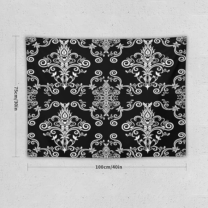 ZhiRain Black Gothic Tapestry Wall Hanging Damask Floral Vintage Antique Baroque Classic Pattern Retro Tapestries Home Decor for Living Room Bedroom Farmhouse Apartment Dorm 30"x40"