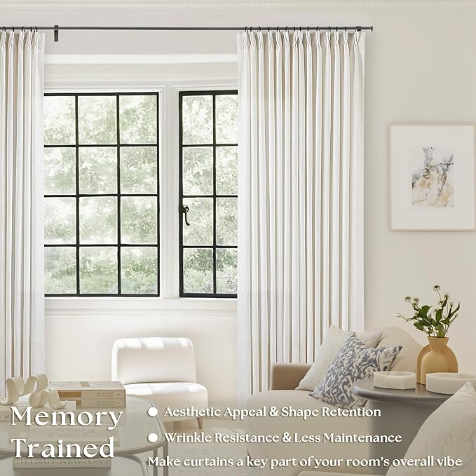 90 Inch Pinch Pleated Linen Curtains 2 Panel Set for Living Room Cream Natural Thick Linen Textured Drapes 90 Inches Long Pinch Pleat Drapes Birch Ivory Semi Sheer Curtain for Dining Bedroom Office