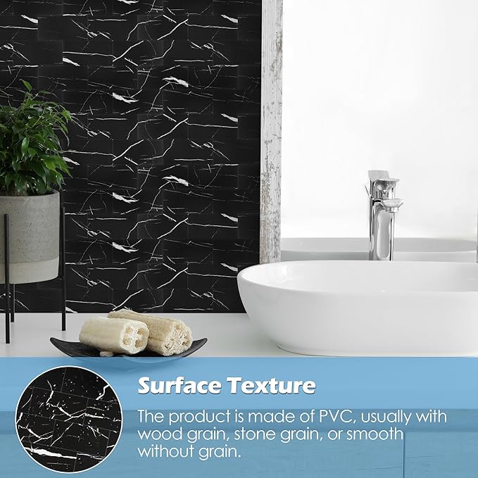 1-Pack Peel and Stick Tile Backsplash 12"X12" PVC Wall Tiles, Stick on Backsplash for Kitchen, Bathroom Tile, Fireplace Décor, Laundry Table, Stair Decals in Black Rocks