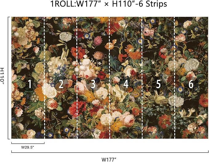 Zeeko Dark Floral Wallpaper Peel and Stick 177" W x 110" H Waterproof Canvas Fabric Vintage Moody Large Wall Mural Self Adhesive Removable Wall Paper for Bedroom Living Room Art Deco