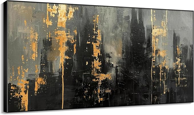 36"x60" XL Framed Wall Art - Modern Black and Gold Urban Wall Art (Frame Assembly Required)