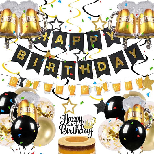 ZHENGYE Beer Party Decorations Set Happy Birthday Banner Star Hanging Swirls Beer Balloons Cake Topper Themed Party Decoration Birthday Supplies
