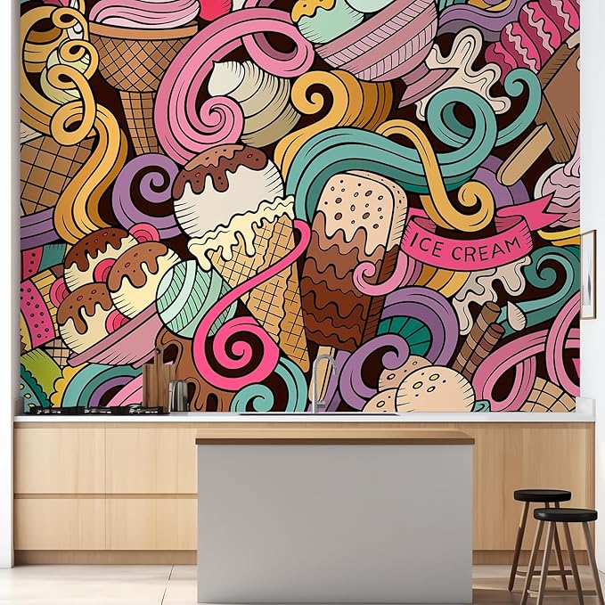 wall26 Cartoon Hand-Drawn Ice Cream Doodles Seamless Pattern Removable Wall Mural Self-Adhesive Large Wallpaper - 48x72 inches