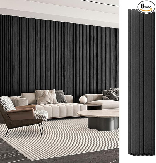 Art3d 6-Pieces Wood Slat Panels for Stylish Interior Decor and Ceiling Decoration, MDF 3D Textured Panel for Ceiling and Wall,Size 94.6 x 7.4 in-Matte Black