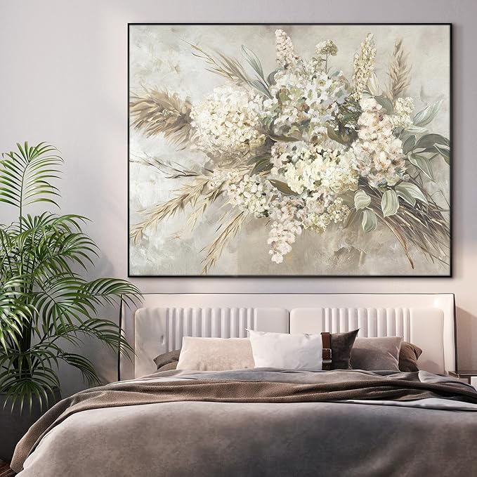 36"x46" XL Framed Wall Art - Elegant Whimsical White Flower Bouquet (Frame Assembly Required)