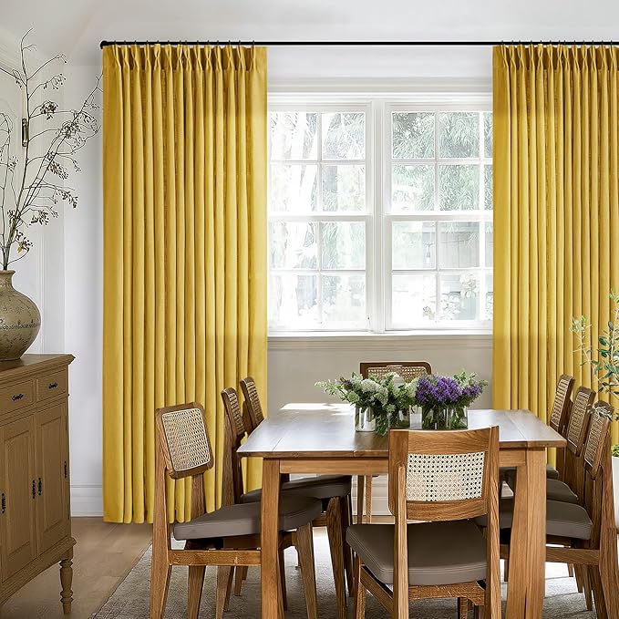 80 Inch Pinch Pleated Linen Curtains 2 Panels for Living Room Bedroom Boho Farmhouse Mustard Yellow Semi Sheer Back Tab Pinch Pleat Hooks Rings Window Curtain Harvest Gold Yellow Spring Decor