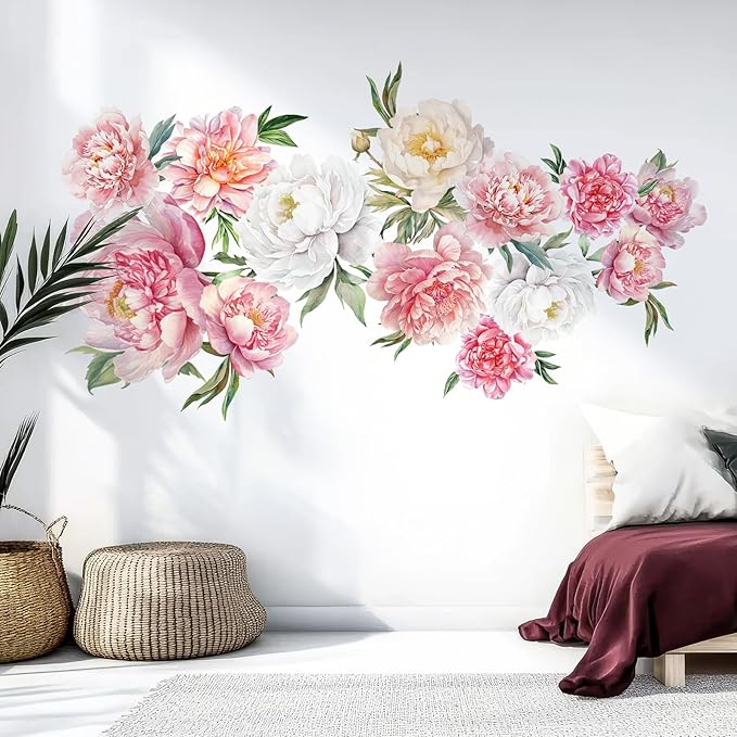 Zonon 6 Pcs Flowers Wall Decals Stickers Vinyl Removable Peel and Stick Colorful Dragonflies Floral Wall Murals Decor for Bedroom Living Room Nursery(Colorful Peony)