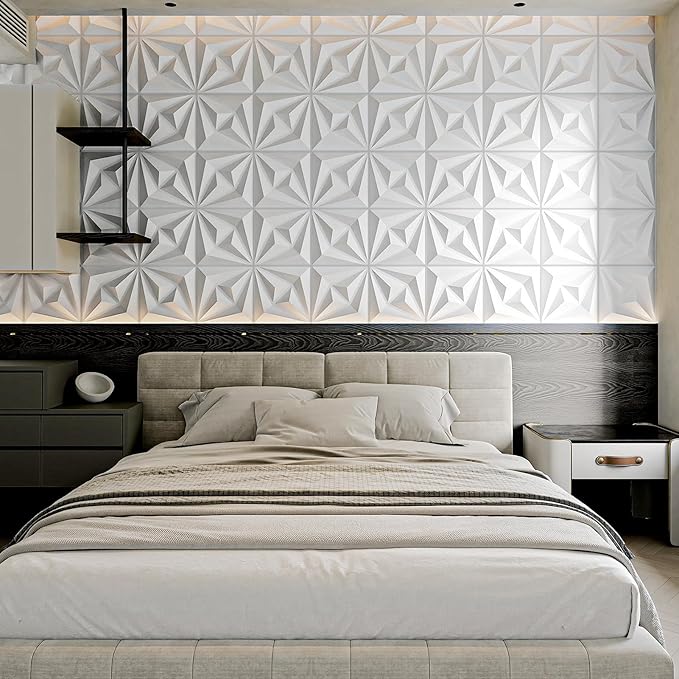 AMZDEPOT 3D Wall Panels for Interior Wall Decor, 3 Layout Options PVC Textured Wall Art Decor for Living Room Bedroom TV Background Gaming Room, 12''x12'', 20 Pcs White