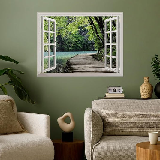 wall26 White Window Looking Out Into a Bridge by a Lake Surrounded by Trees - Wall Mural, Removable Sticker, Home Decor - 24x32 inches