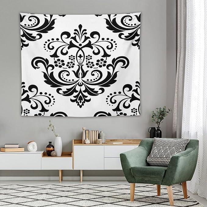 ZhiRain Baroque Damask Floral Pattern Tapestry Wall Hanging Flowers on Black And White Antique Gothic Tapestries Home Decor for Living Room Bedroom Farmhouse Apartment Dorm 50"x60"
