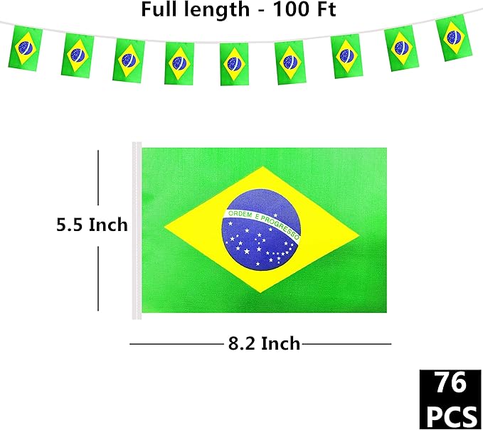 100 Feet Brazil Brazilian Banner Flag String, Brazil Mini Flag Small Banner, for Party, Shops and Bars Decorations, Outdoor Decorations, 76 Flags
