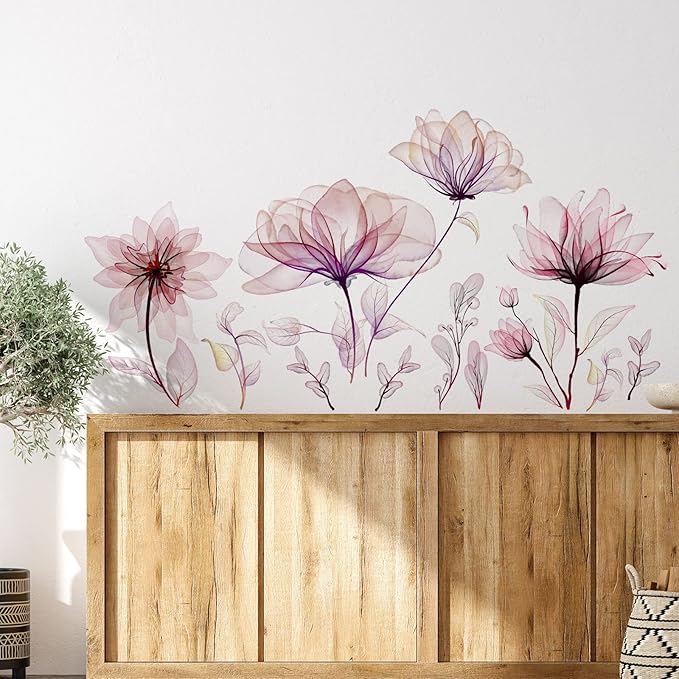 Zonon 6 Pcs Flowers Wall Decals Stickers Vinyl Removable Peel and Stick Colorful Dragonflies Floral Wall Murals Decor for Bedroom Living Room Nursery(Pink Flower)