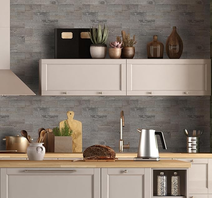 20-Pack Peel and Stick Tile Backsplash 11.3"X11.5" PVC Wall Tiles, Stick on Backsplash for Kitchen, Bathroom Tile, Fireplace Décor, Laundry Table, Stair Decals in Grey Rustic