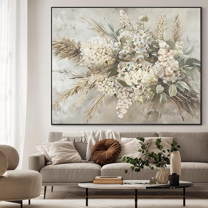 46"x60" XL Framed Wall Art - Elegant Whimsical White Flower Bouquet (Frame Assembly Required)