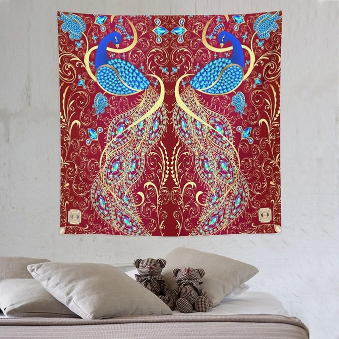 ZhiRain Peacock Ornament Tapestry Wall Hanging Golden Red Background Elegant Bohemian Style Tapestries Home Decor for Living Room Bedroom Farmhouse Apartment Dorm 60"x60"