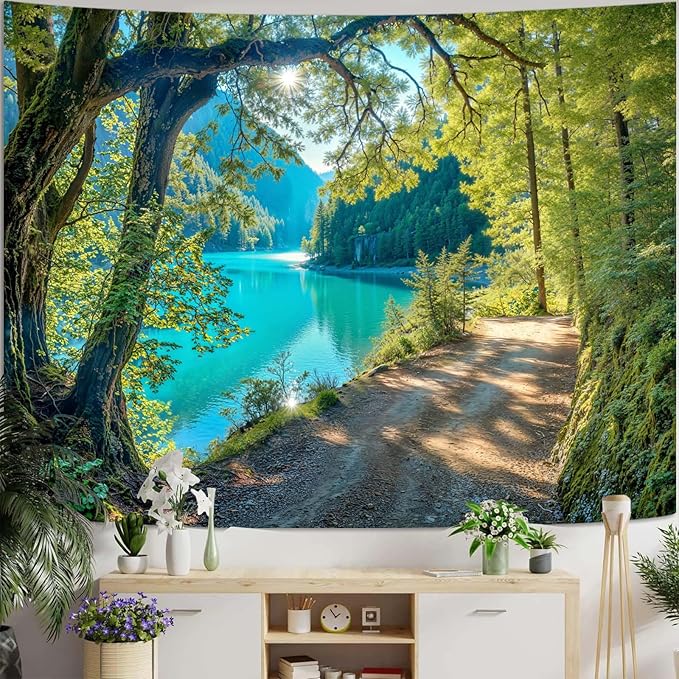 Zussun Nature Forest Mountain Tapestry Green Teal Lake Path Tapestry for Bedroom Aesthetic Lush Sunshine Landscape Small Tapestries Wall Hanging for Dorm Living Room Decor 48 x 36 Inch