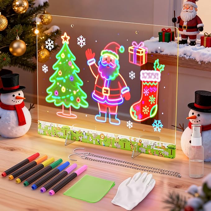 16" LumiBoard LED Drawing Board for Kids - 7 Colors & 10 Modes Rechargeable Acrylic LED Note Board with 7 Markers Cleaning Kit, Sketching & Birthday Gifts for Kids/Girls/Teens（Animals）